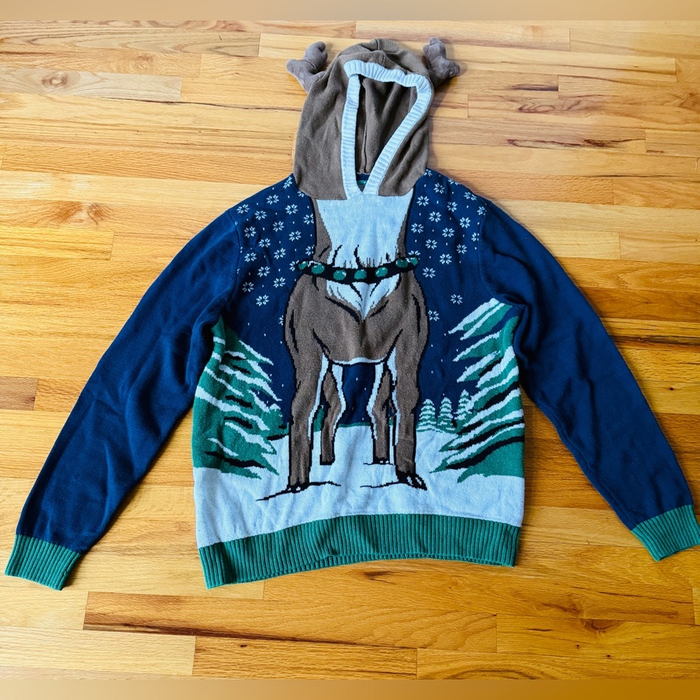 Men's Ugly Christmas Sweater Reindeer Body With Antlers On Hood- XXL